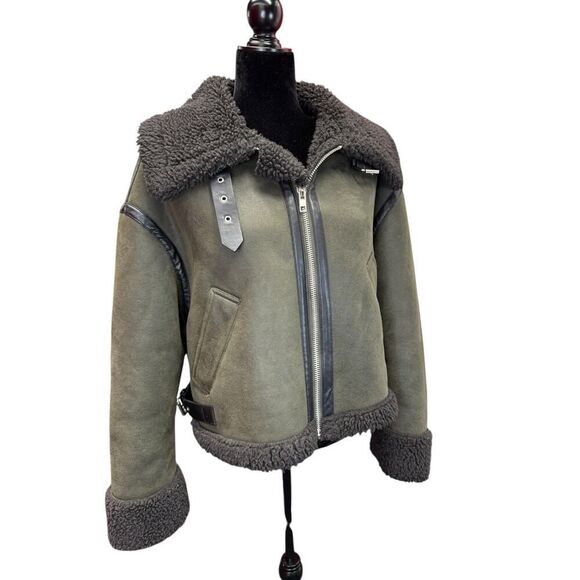 Zara Dark Olive Faux Shearling Double Faced Aviator Jacket Women Size XS Sherpa - Picture 9 of 13